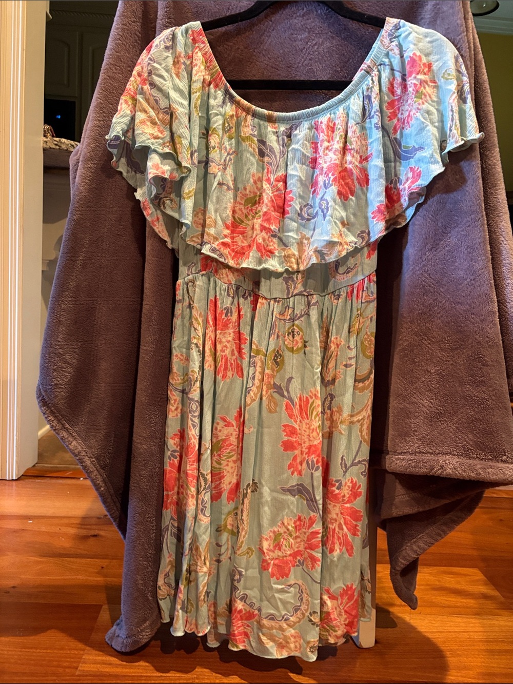 Floral Off-Shoulder Ruffle Midi Dress in Mint and Coral